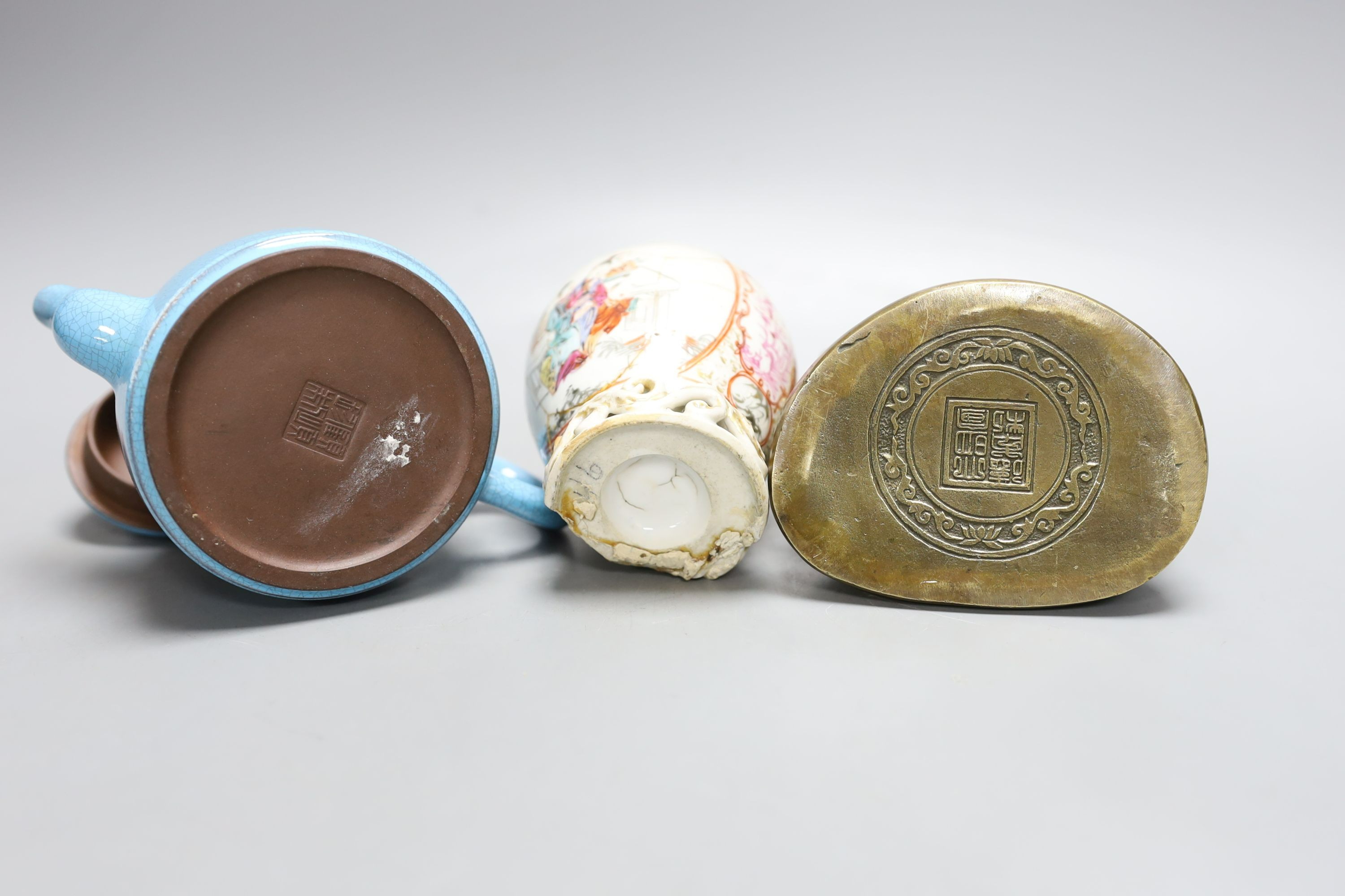Assorted Chinese and Japanese items including a Yixing tea pot, Tibetan buddha etc.